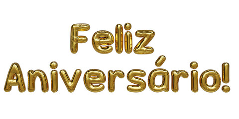 Ilustração 3D da frase "Feliz Aniversário" em formato de balão metalizado dourado. Festa de aniversário elegante. Social media de felicitação. Balão de festa decorativo cor de ouro. 