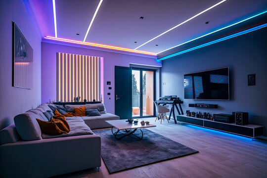 A modern and confortable living room illuminated by led strips - Generative AI