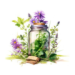A painting of a jar with flowers and herbs. Generative AI.