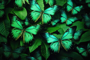 Fototapeta na wymiar Beautiful background of tropical green butterflies