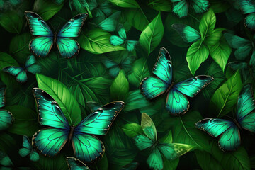 Obraz na płótnie Canvas Beautiful background of tropical green butterflies