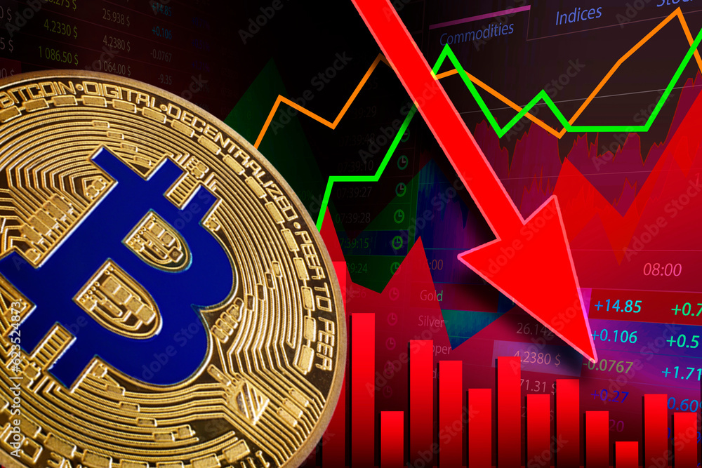 Poster cryptocurrency collapse. collage with bitcoin and data charts