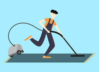 Fast cleaning service. Illustration of worker hoovering carpet with vacuum cleaner on light blue background