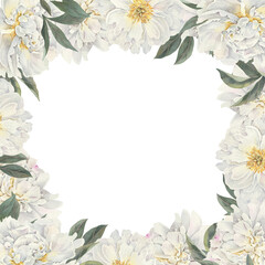 Watercolor floral frame border with white flowers, peony, green leaves, branches for wedding stationary, greetings, wallpapers, fashion, background