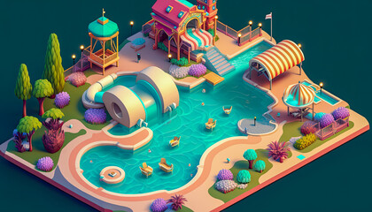 Naklejka premium Water park isometric view, park, water and slides - Generative AI