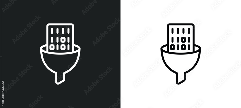 Poster funneling data icon isolated in white and black colors. funneling data outline vector icon from busi
