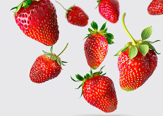 Vibrant Strawberry in Mid-Air: Fresh and Organic Red Berry on White Background - A Playful and Imaginative Food Concept