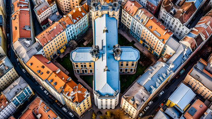 Symmetrical Aerial View of Vilnius-inspired Town - generative ai
