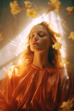 portrait of a woman/model/book character in an illuminated setting reminding of prayer with spiritual expression in a fashion/beauty editorial magazine style film photography look - generative ai art