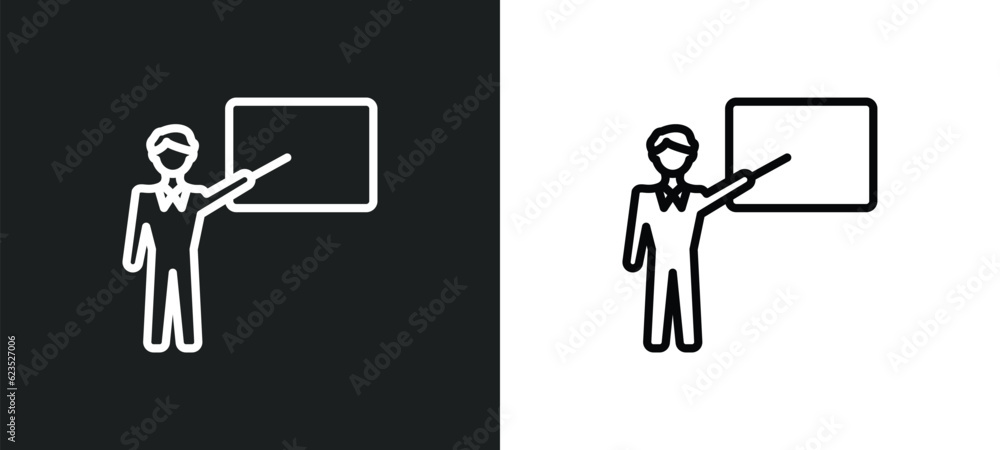Poster man presentation icon isolated in white and black colors. man presentation outline vector icon from 
