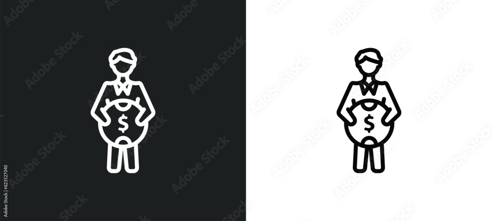 Poster man holding a big coin icon isolated in white and black colors. man holding a big coin outline vecto