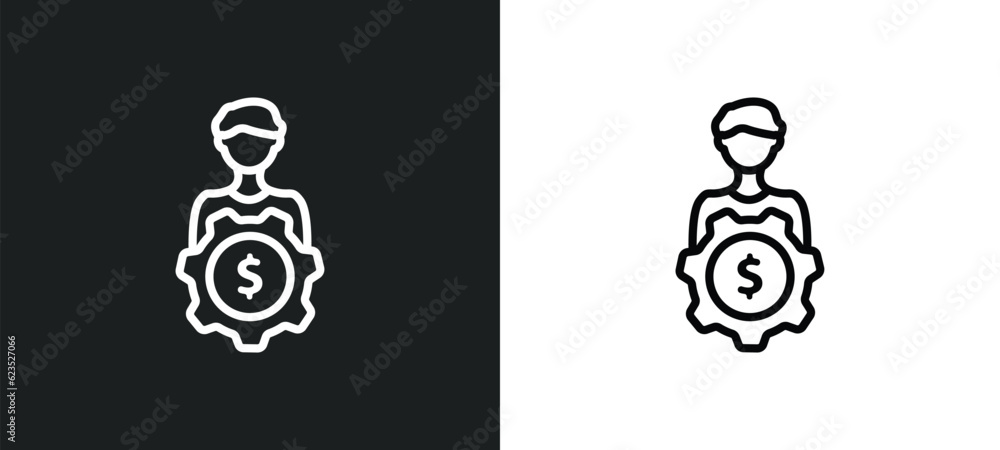Poster man with money gears icon isolated in white and black colors. man with money gears outline vector ic