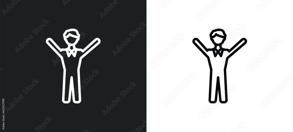Poster man success icon isolated in white and black colors. man success outline vector icon from business c