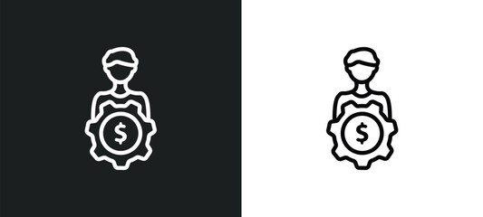 man with money gears icon isolated in white and black colors. man with money gears outline vector icon from business collection for web, mobile apps and ui.