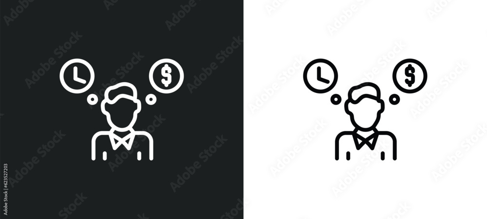 Poster worker money time icon isolated in white and black colors. worker money time outline vector icon fro