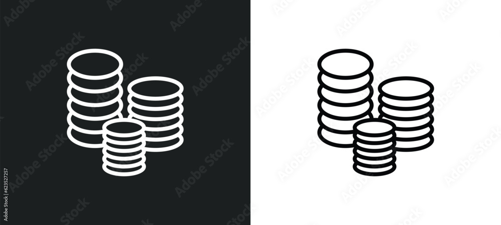 Poster stacks of coins icon isolated in white and black colors. stacks of coins outline vector icon from bu
