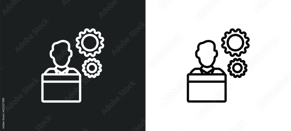Poster employee going to work icon isolated in white and black colors. employee going to work outline vecto
