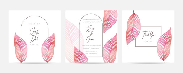 Hand painting of pink tropical leaves arrangement on wedding invitation background