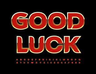 Vector wishing card Good Luck. Chic Red and Golden Font. Luxury set of Alphabet Letters and Numbers