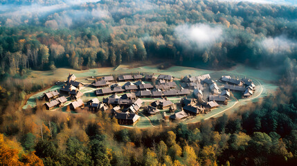 Serenity Overhead: A Captivating Aerial View of a Cherokee Village - generative ai - obrazy, fototapety, plakaty