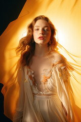  portrait of a woman/model/book character standing in a warm setting with flowing movements/dress in a fashion/beauty editorial magazine style film photography look - generative art