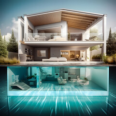 Fototapeta na wymiar Seaside Serenity: Cutaway View of a Luxurious House Reflecting in the Sea - generative ai