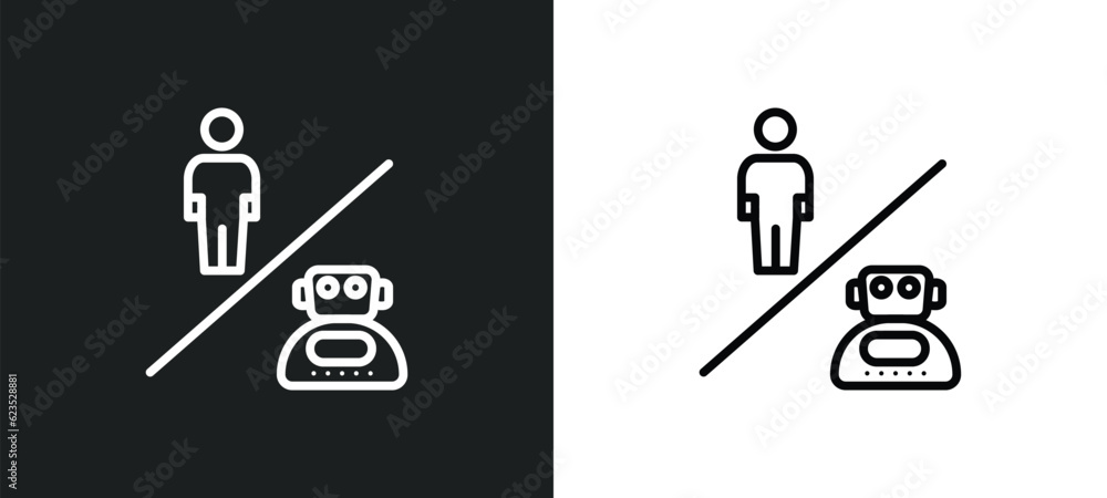 Poster robots and humans icon isolated in white and black colors. robots and humans outline vector icon from artificial intellegence collection for web, mobile apps ui.