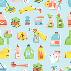 Cleaning supplies seamless pattern. Vector illustration of detergent bottles, brushes, bucket and mop, sponges and rubber gloves. Household chores concept in flat hand drawn style.