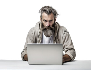 A Man Working Hard on Laptop in Mad, Frayed, Stress, Crazy with Messy Hair in Transparent Background