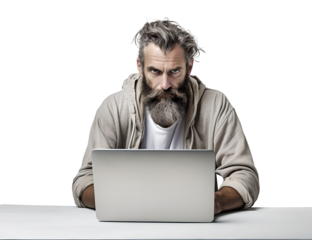 A Man Working Hard on Laptop in Mad, Frayed, Stress, Crazy with Messy Hair in Transparent Background