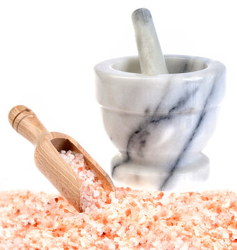 mortar and pestle with pink salt: