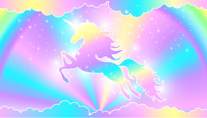 Rainbow background with unicorn with and stars.
