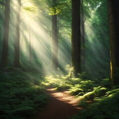 Beautiful rays of sunlight in a forest. Generative AI