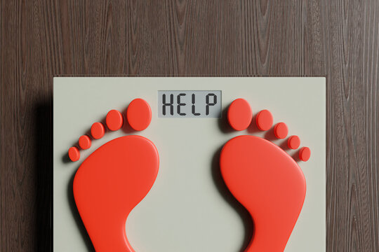Red feet on a digital weighing scale showing the alphabet HELP on its display. Illustration of the concept of obesity and overweight problems