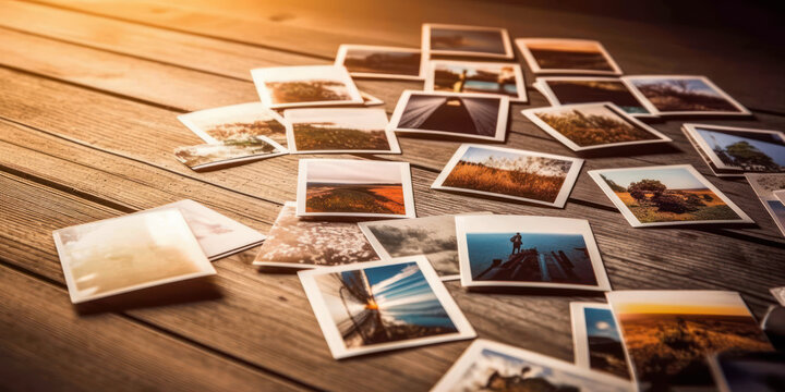 photographs on table. nostalgia and life moments memories