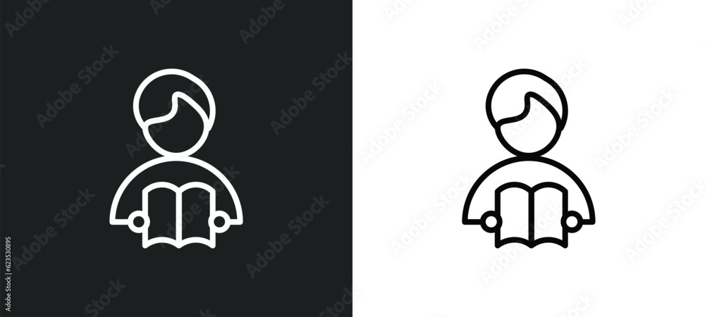 Poster boy reading icon isolated in white and black colors. boy reading outline vector icon from activity a