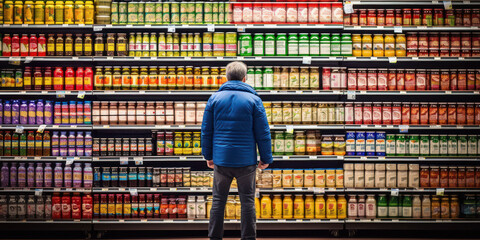 person in supermarket with variety of products in shelves - obrazy, fototapety, plakaty
