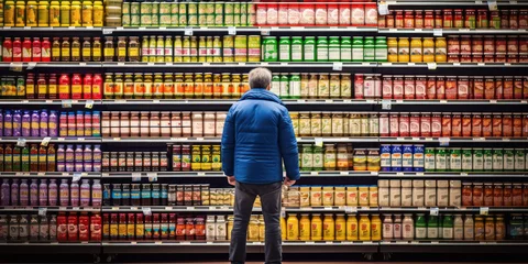person in supermarket with variety of products in shelves © mimadeo