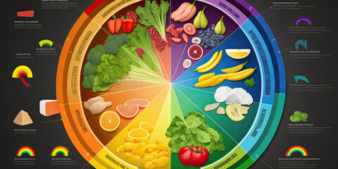 Vitamin food sources and functions rainbow wheel chart - Generative AI