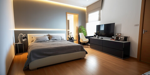 Fototapeta premium 3D rendering modern bedroom suite in hotel with tv - Generative AI