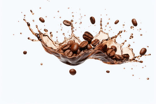 Splash of liquid coffee with coffee beans falling in motion isolated on white flat background. Coffee flavor template clipart. Generative AI 3d render illustration imitation.