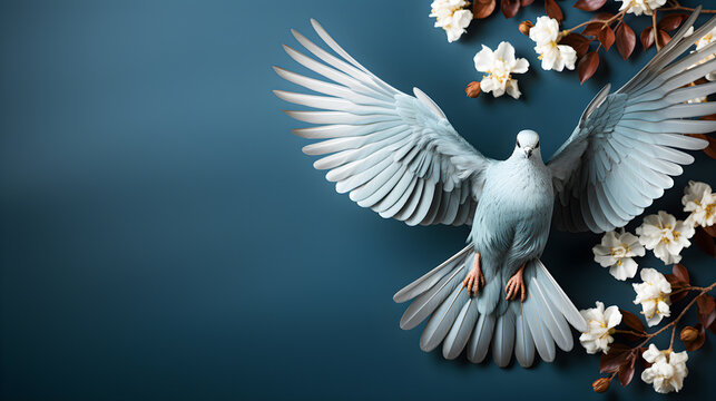 White dove of peace on a blue background, copy space, international day of peace concept. World peace day