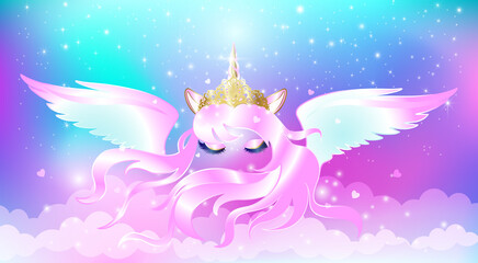 Face of a unicorn in a crown with closed eyes and a long pink mane on an background with stars. © Natalia