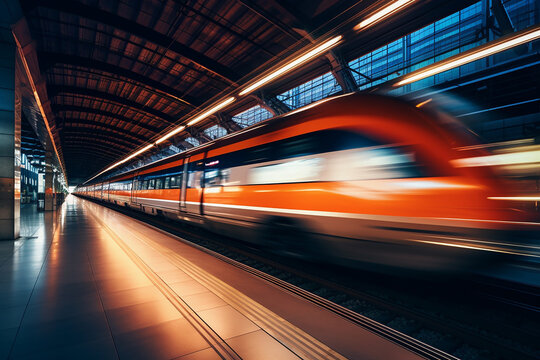 Generative AI an electric train going at high speed, photo created with long exposure time