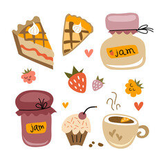 Tea time set cartoon. Cute dessert food and hot drink objects, cozy home feast hand drawn elements, cups and mugs with beverages, cakes and pies, jam.