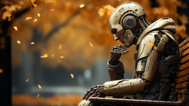 Lonely Robot sitting on bench in a park thinking about life