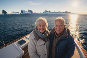 Fototapeta premium Digital portrait of happy laughing retired couple, enjoying the sunset on the luxury yacht in Antarctica. Concept of active age. Generative AI