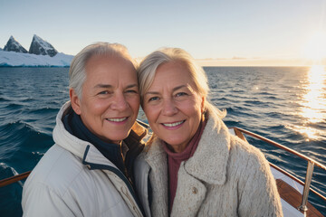Fototapeta na wymiar Digital portrait of happy laughing retired couple, enjoying the sunset on the luxury yacht in Antarctica. Concept of active age. Generative AI