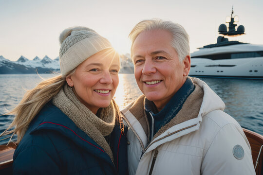 Digital portrait of happy laughing retired couple, enjoying the sunset on the luxury yacht in Antarctica. Concept of active age. Generative AI