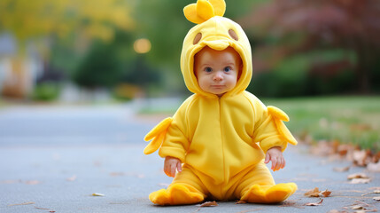 Baby with farm animal Halloween costume of a chick